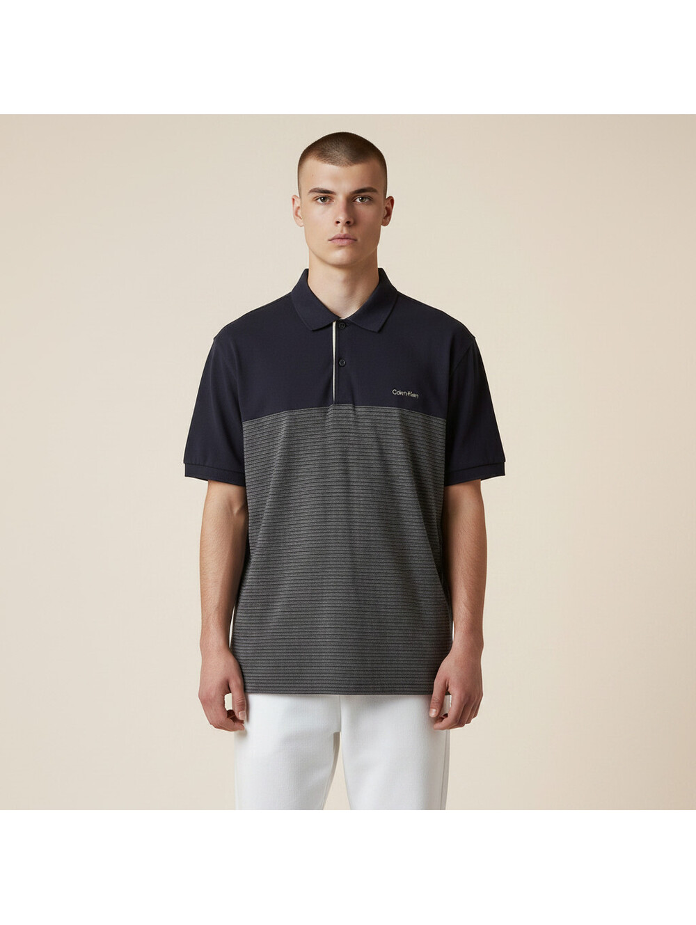 Calvin Klein Polo Shirt Men M Medium Black Striped Button Collared Short Sleeve
